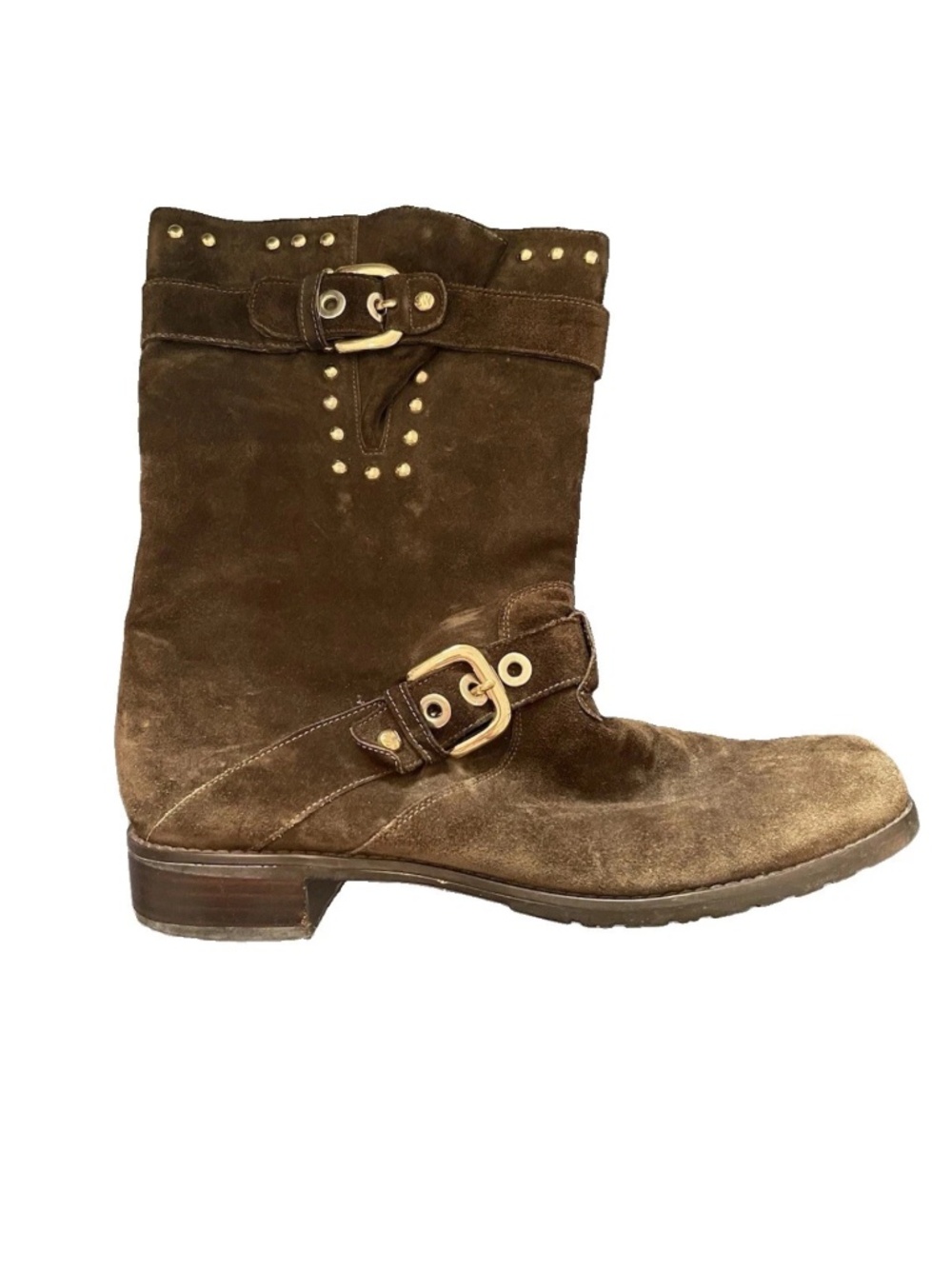 Stuart Weitzman Women’s Brown Motorcycle Gold Hardware Boots 10M Biker